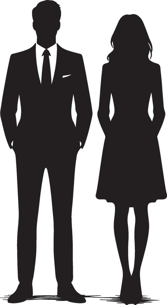 Silhouette of a man in a suit and a woman in a dress standing next to each other on white background vector