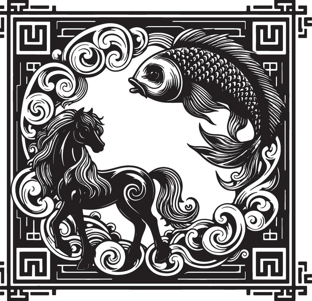 A black and white illustration of a horse and a fish surrounded by clouds in a decorative frame vector