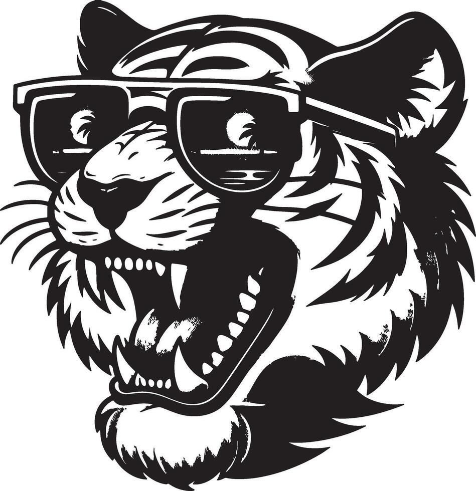 A black and white illustration of a tiger with sunglasses reflecting a beach scene with palm trees vector