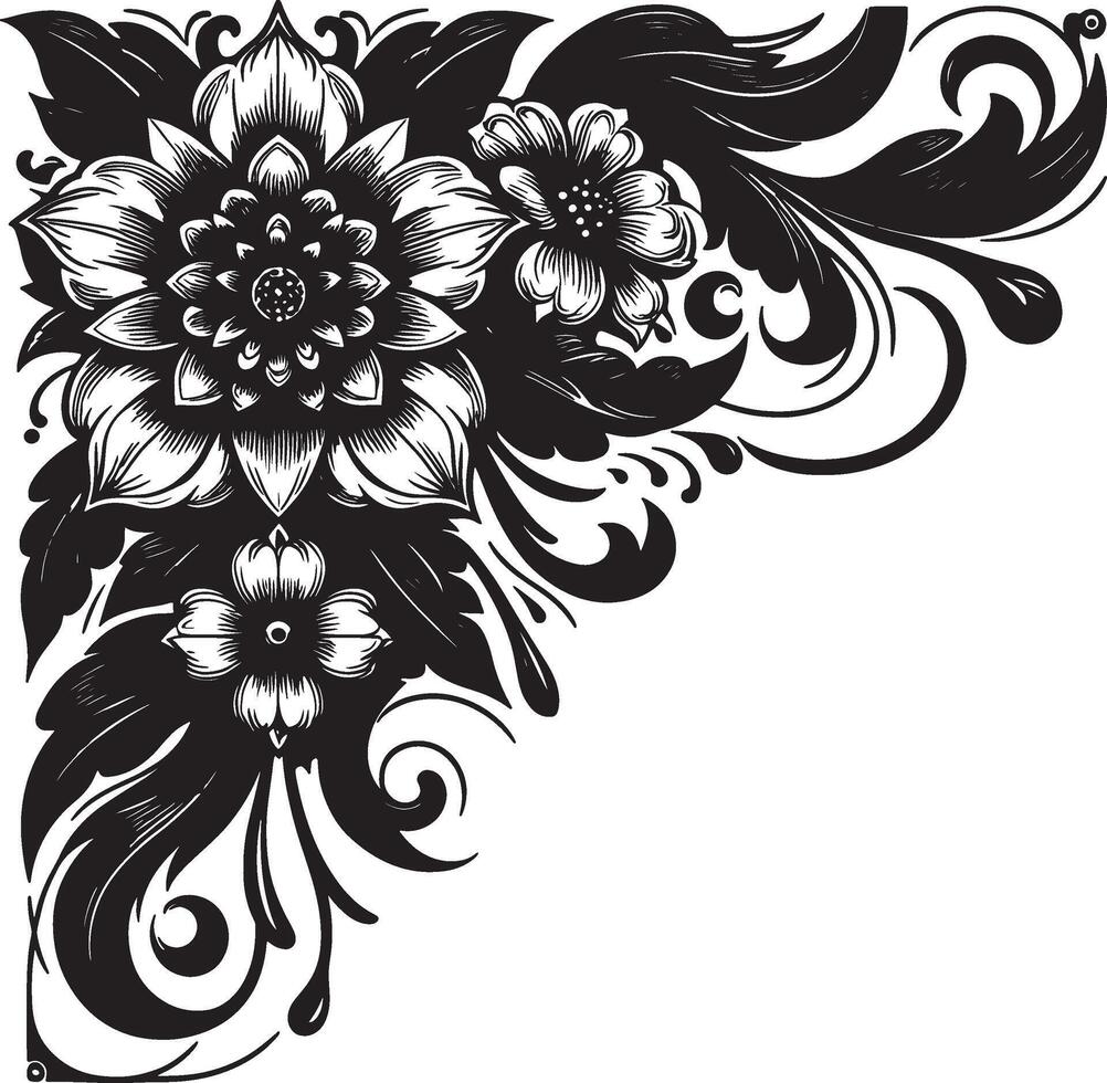 A black and white floral corner design with detailed petals and swirling leaf patterns illustration vector