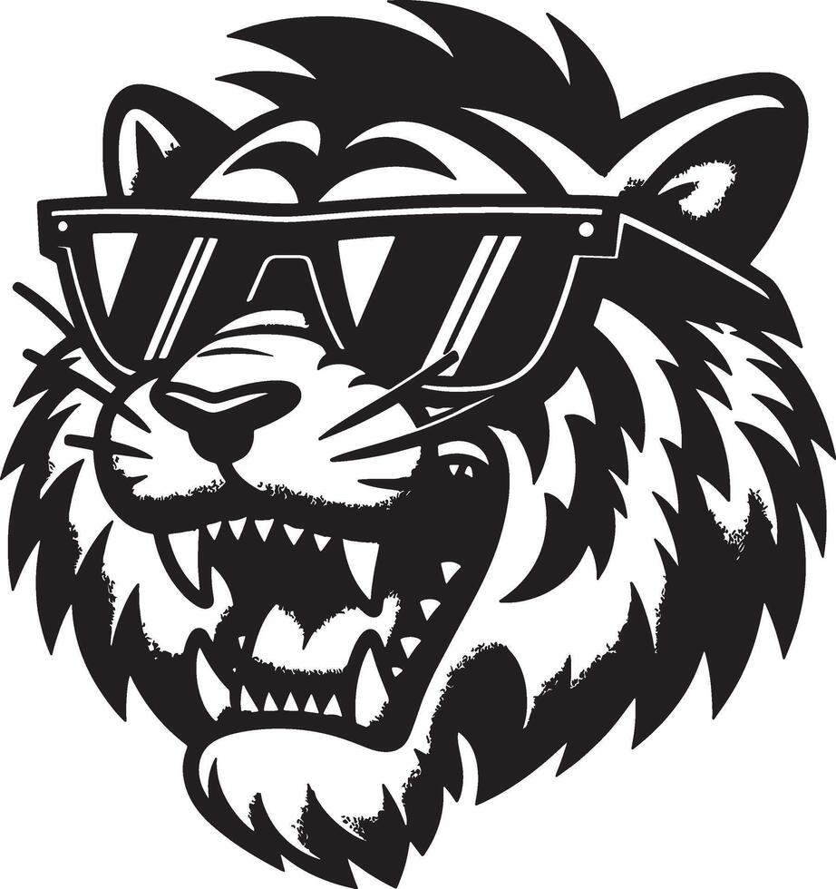 A black and white illustration of a tiger head wearing sunglasses with an open mouth showing teeth vector