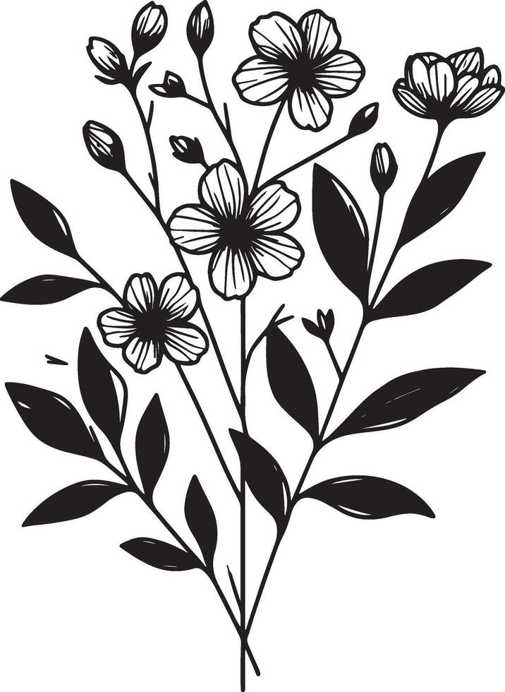 A black and white drawing of a bouquet of flowers with leaves and buds on a white background image vector