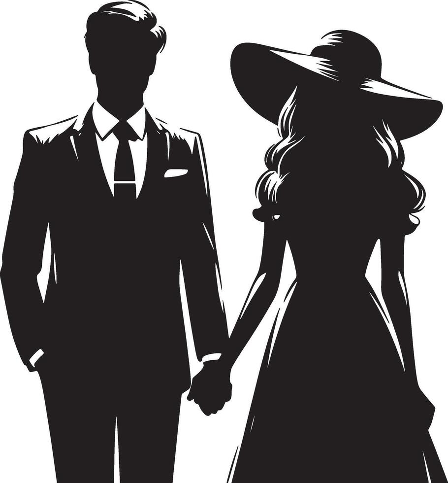 Silhouette illustration of a man in a suit and a woman in a dress holding hands together art vector