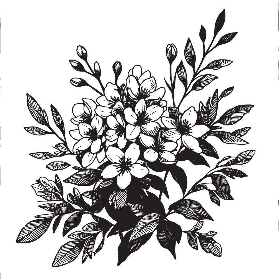 A detailed black and white line drawing of a bouquet of flowers and leaves on a white background vector