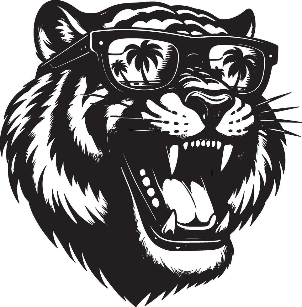 A black and white graphic of a tiger wearing sunglasses reflecting palm trees and a beach scene vector