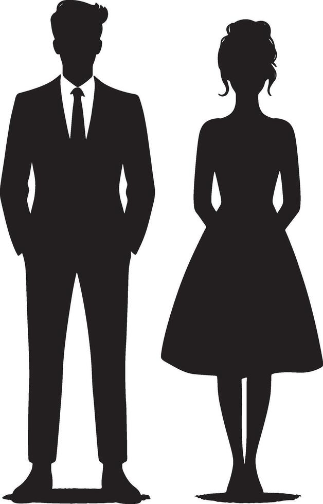 A silhouette of a man in a suit and tie standing next to a woman in a dress on a white background vector