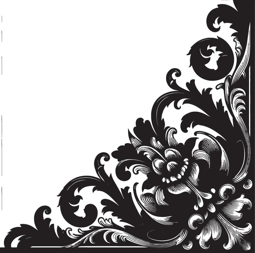 An ornate black and white floral corner design with intricate swirls and a blank white space vector