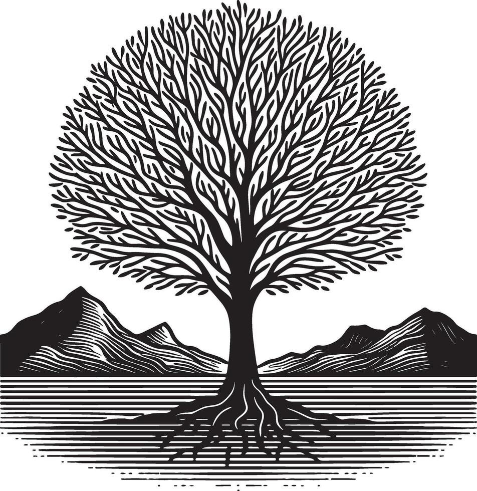 A black and white illustration of a tree with mountains in the background and line art ground vector
