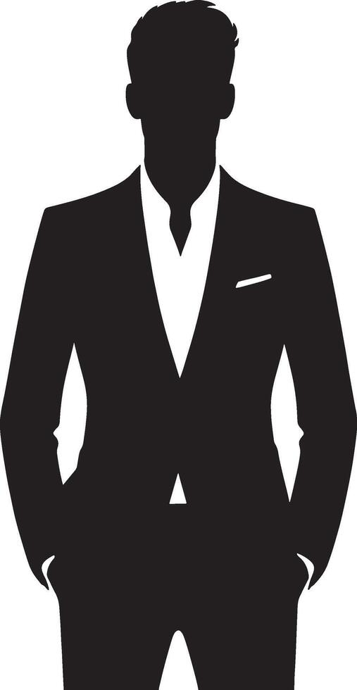 A silhouette of a man in a suit with his hands in his pockets against a white background portrait vector