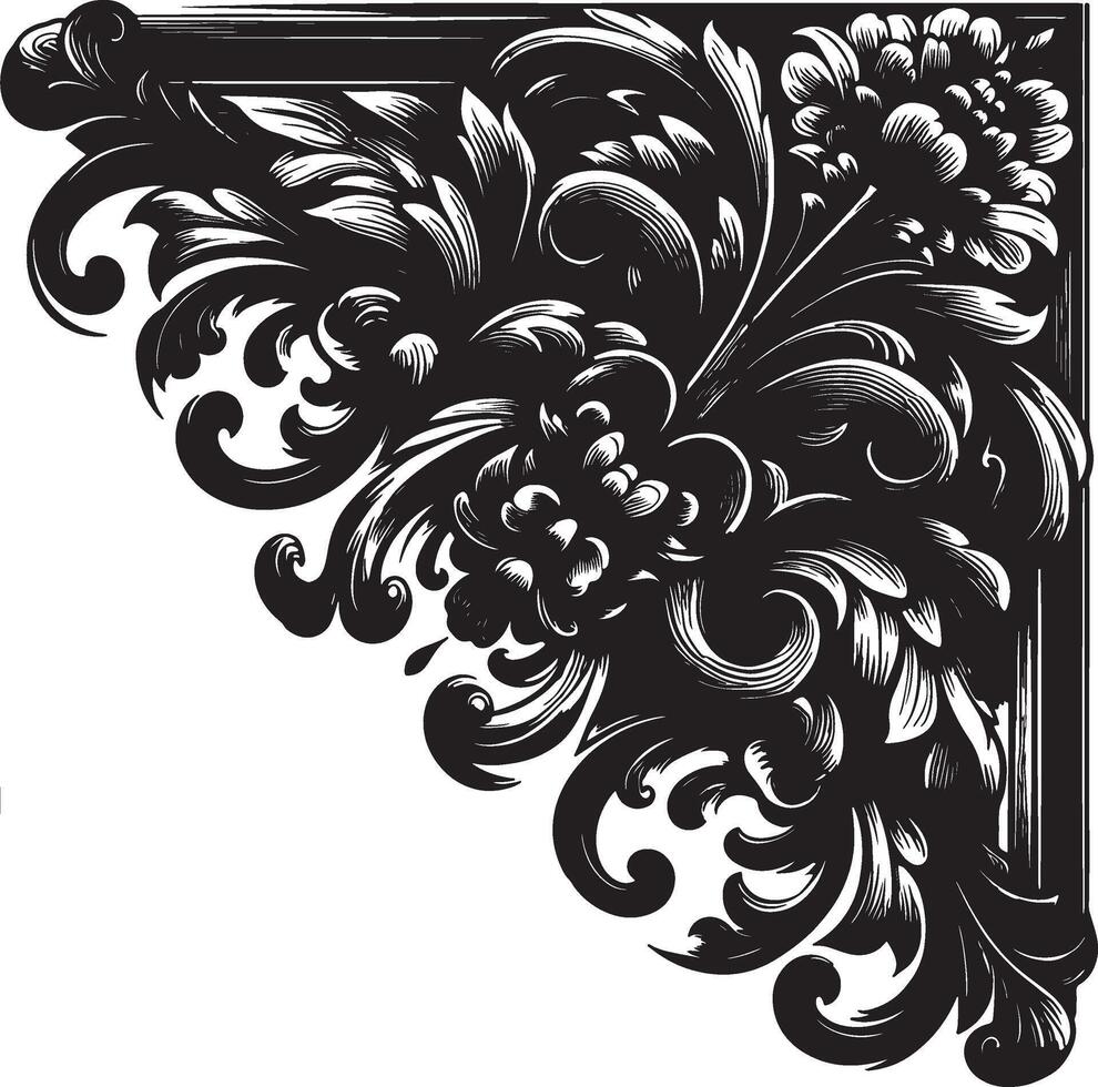 Ornate black and white floral design in corner with leaves and floral elements in engraving style vector