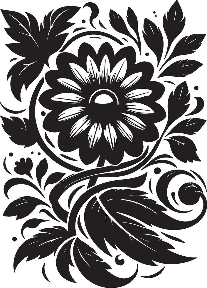 A monochrome floral design featuring a central daisy with swirling leaves and decorative elements around it vector