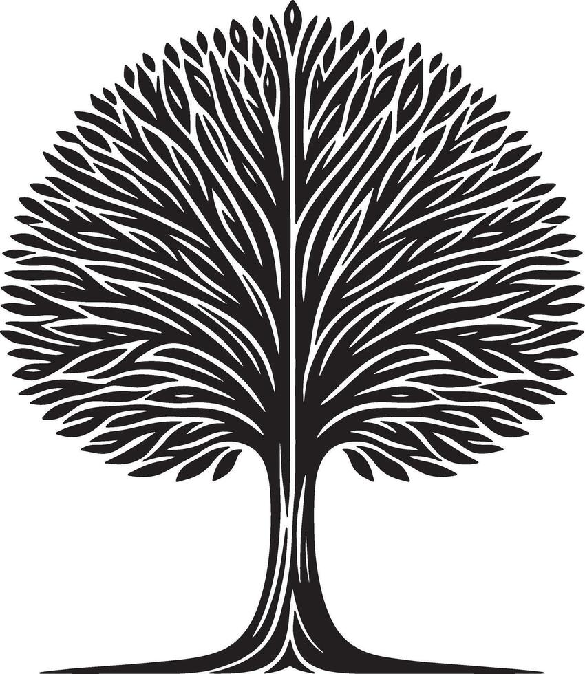 A minimalist black and white illustration of a stylized round tree with leaf like branches design vector
