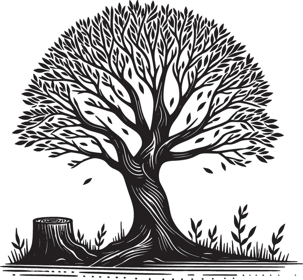 A detailed black and white illustration of a tree with a stump beside it in a minimalist style vector