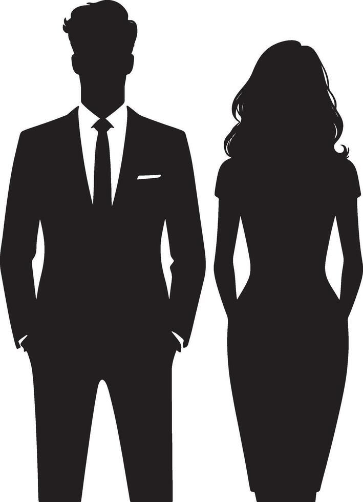 Silhouette of a man in a suit and a woman in a dress standing side by side on white vector