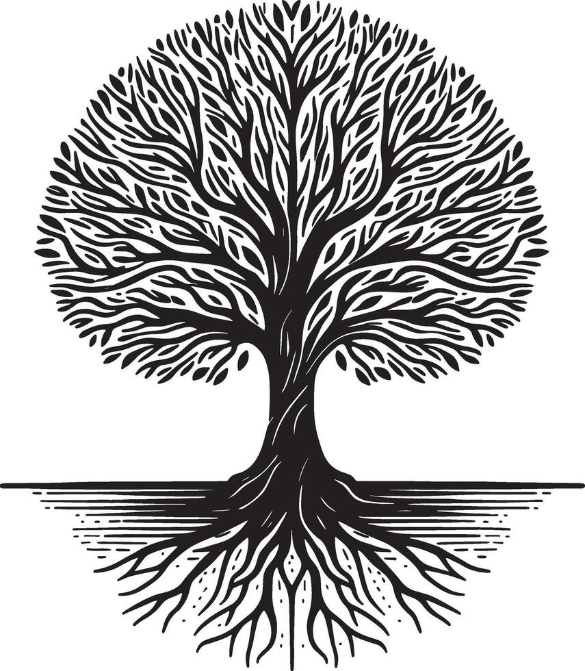 A black and white illustration of a tree with roots and branches on a white background art vector