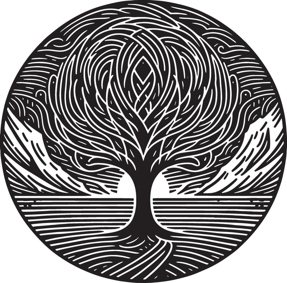 A black and white circular design featuring a stylized tree with intricate line work and patterns vector