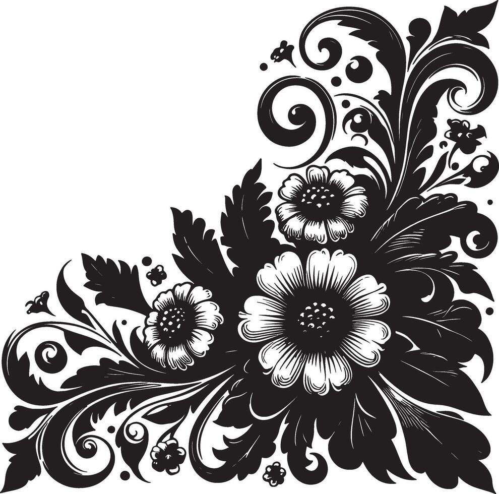 A corner floral design with white flowers and black leaves and swirls on a white background vector