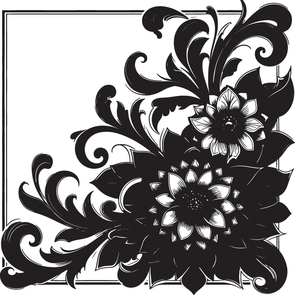 A black and white floral design with two prominent flowers and ornate leaf patterns artwork vector