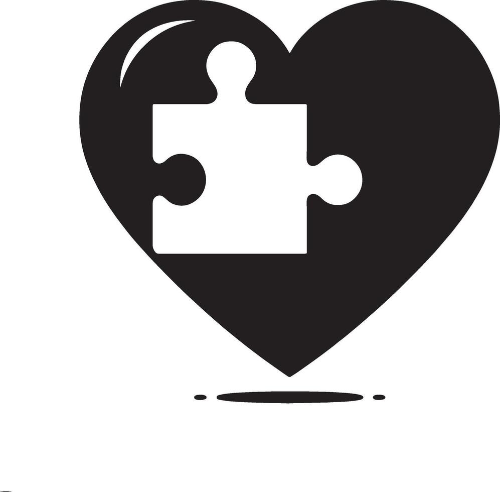 A black heart shape with a white puzzle piece fitting into it on a white background design art vector