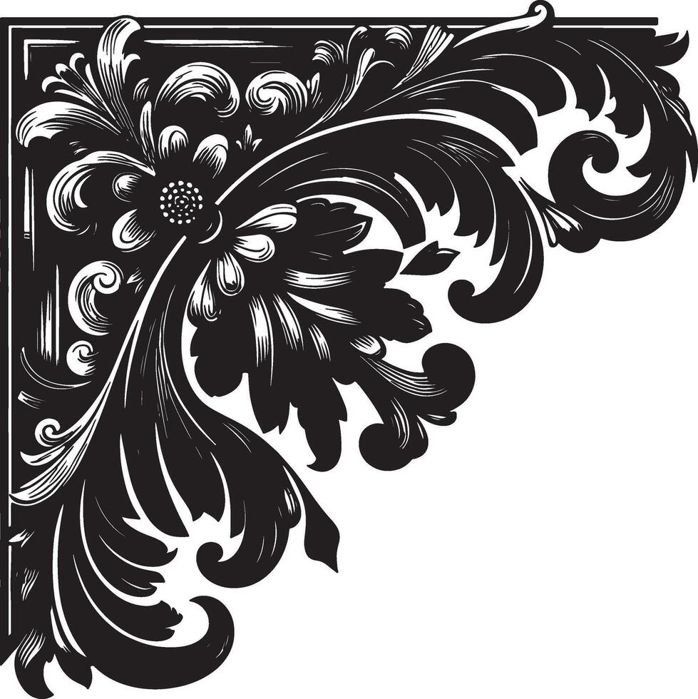 A detailed black and white floral corner design with intricate swirls and leaf patterns isolated vector
