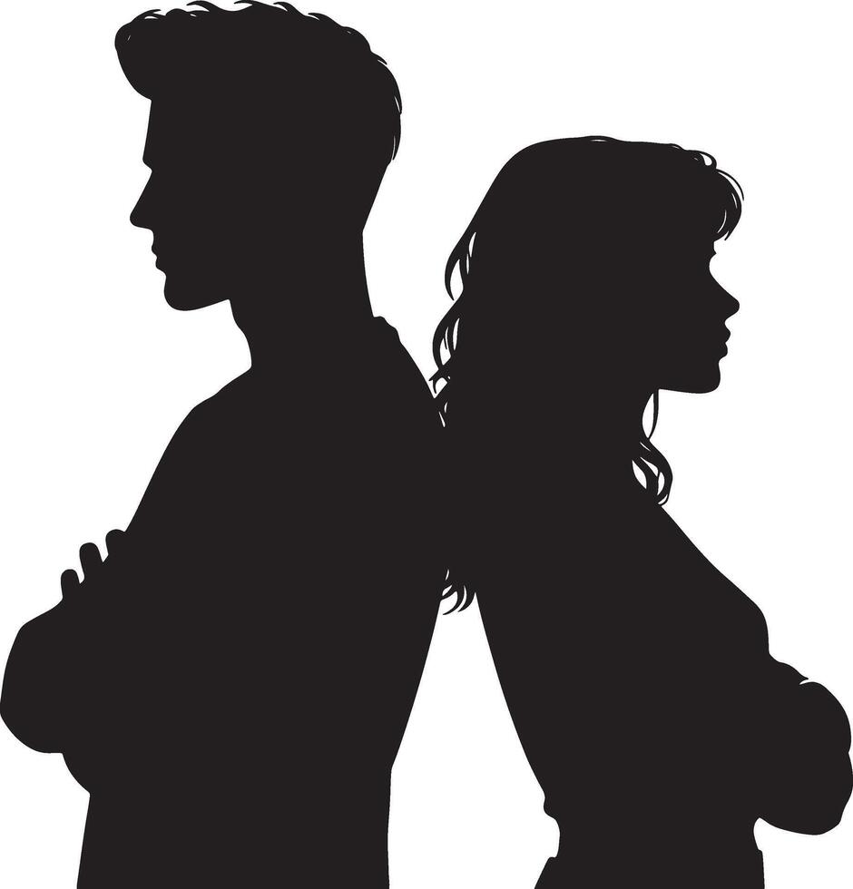 Silhouette of a man and woman standing back to back with arms crossed against white background vector