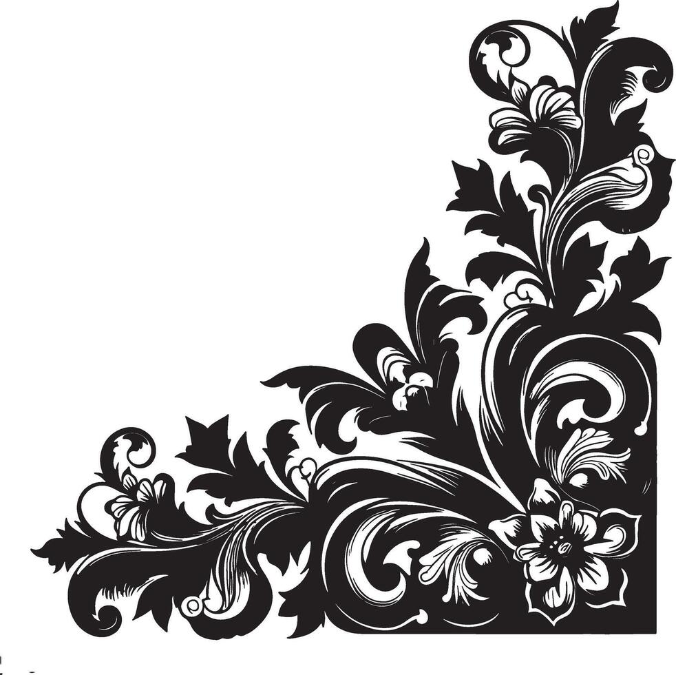 A black and white floral corner design with intricate swirls and detailed leaf patterns on white background vector