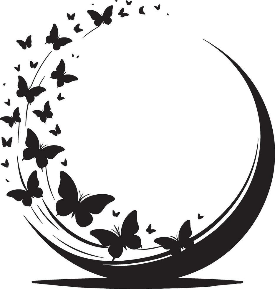 Black butterflies flying around a crescent moon shape on a white background illustration vector