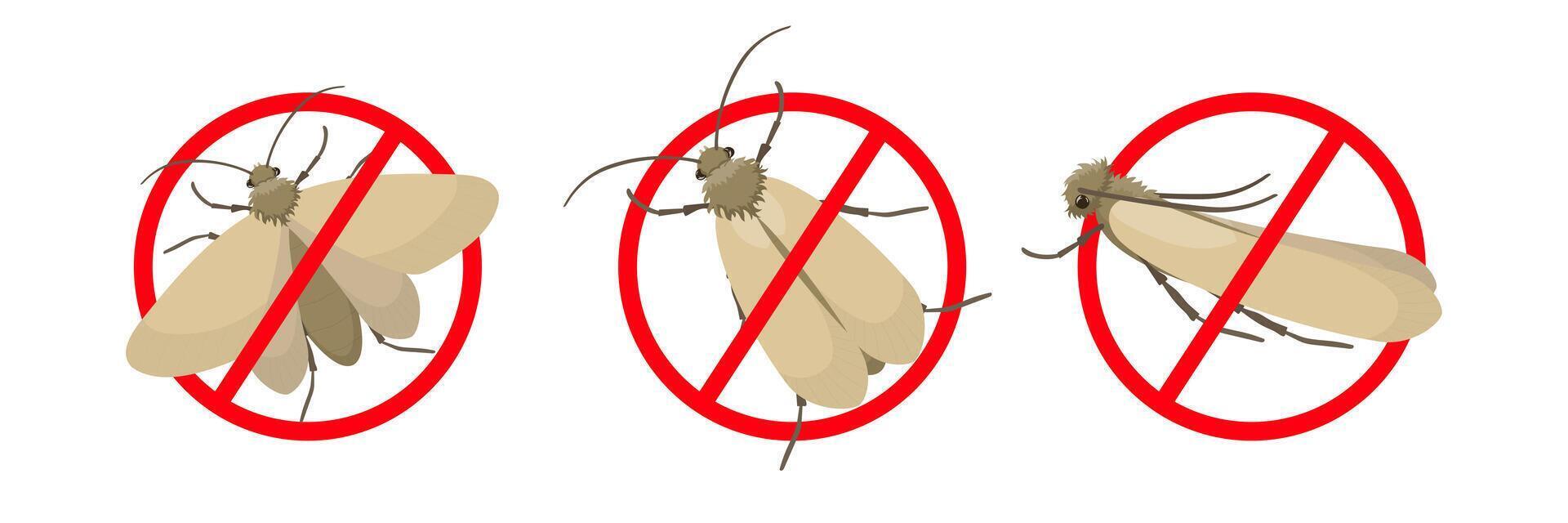 Prohibition sign featuring crossed out clothes moths, warning against potential damage caused by textile pests, emphasizing the importance of pest control and prevention measures vector