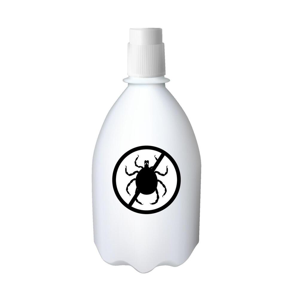 White plastic spray bottle containing mite repellent, isolated on white background, safety and protection against Lyme disease and tick borne illnesses vector