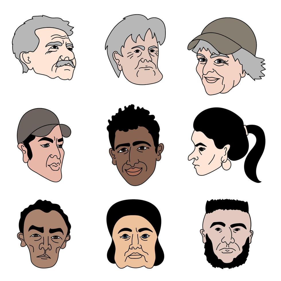 Hand drawn illustration of diverse group of individuals. People various ages, ethnicities and genders. vector
