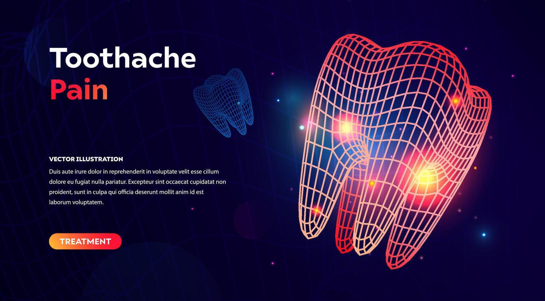 Toothache Pain Digital Concept with Glowing Tooth, Neural Discomfort, and Futuristic Wireframe Design On Dark Background. Perfect for Dental Care and Health Topics. Illustration. vector