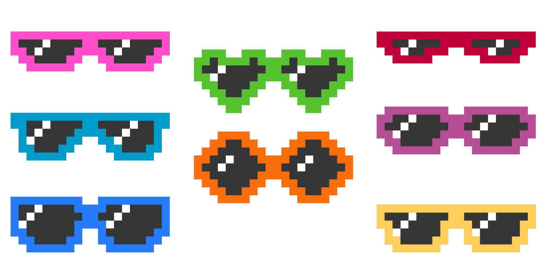 Bright collection of pixel 8 bit stylized sunglasses. vector