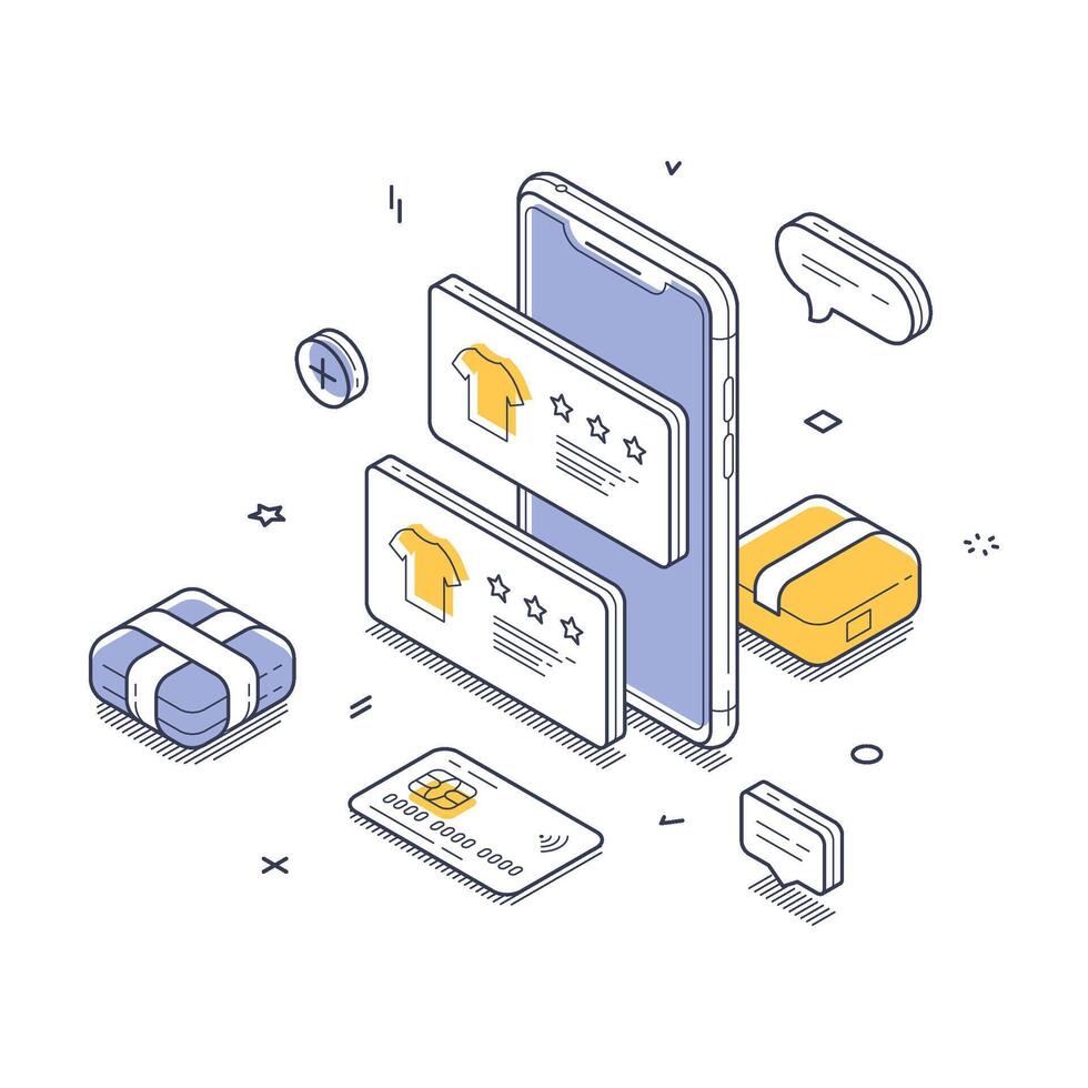 Modern isometric illustration of online shopping experience with smartphone and packages vector