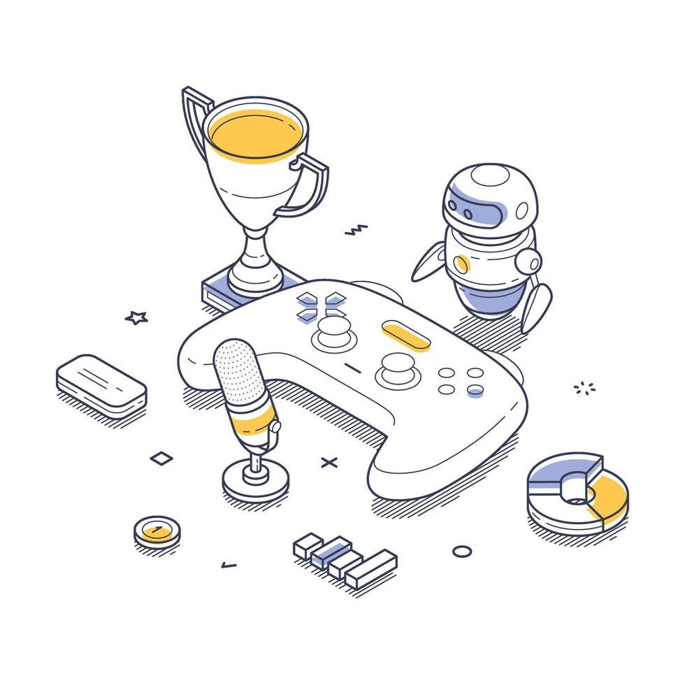 Modern isometric illustration of gaming elements with trophy and controller vector