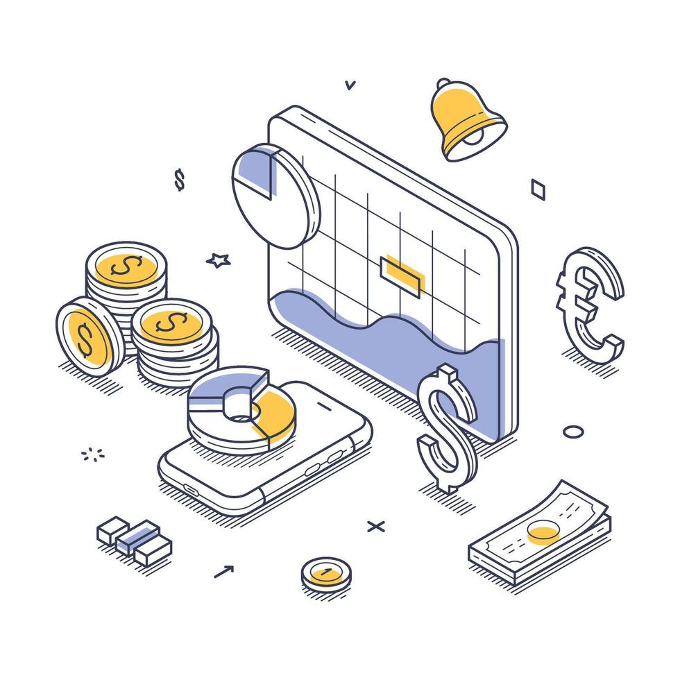 Financial analytics with modern technology and currency elements isometric line illustration vector