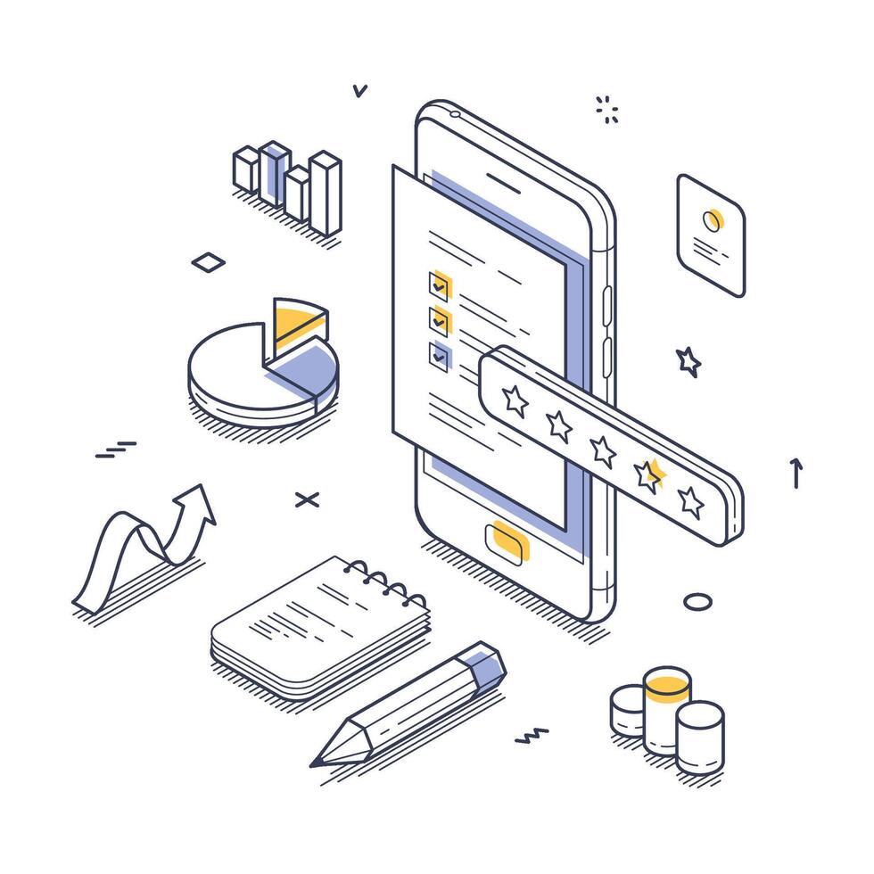 Modern isometric illustration of mobile application user feedback and analysis tools vector