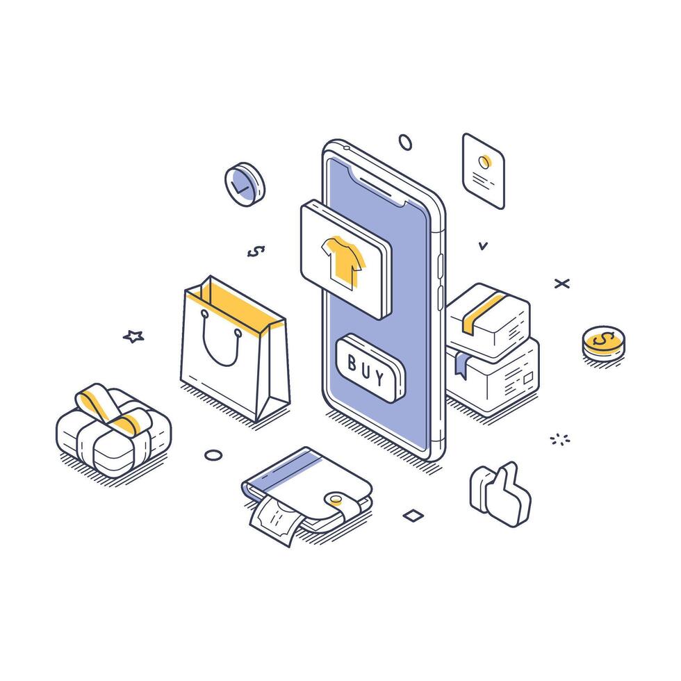 Modern online shopping experience through a smartphone with various shopping elements vector