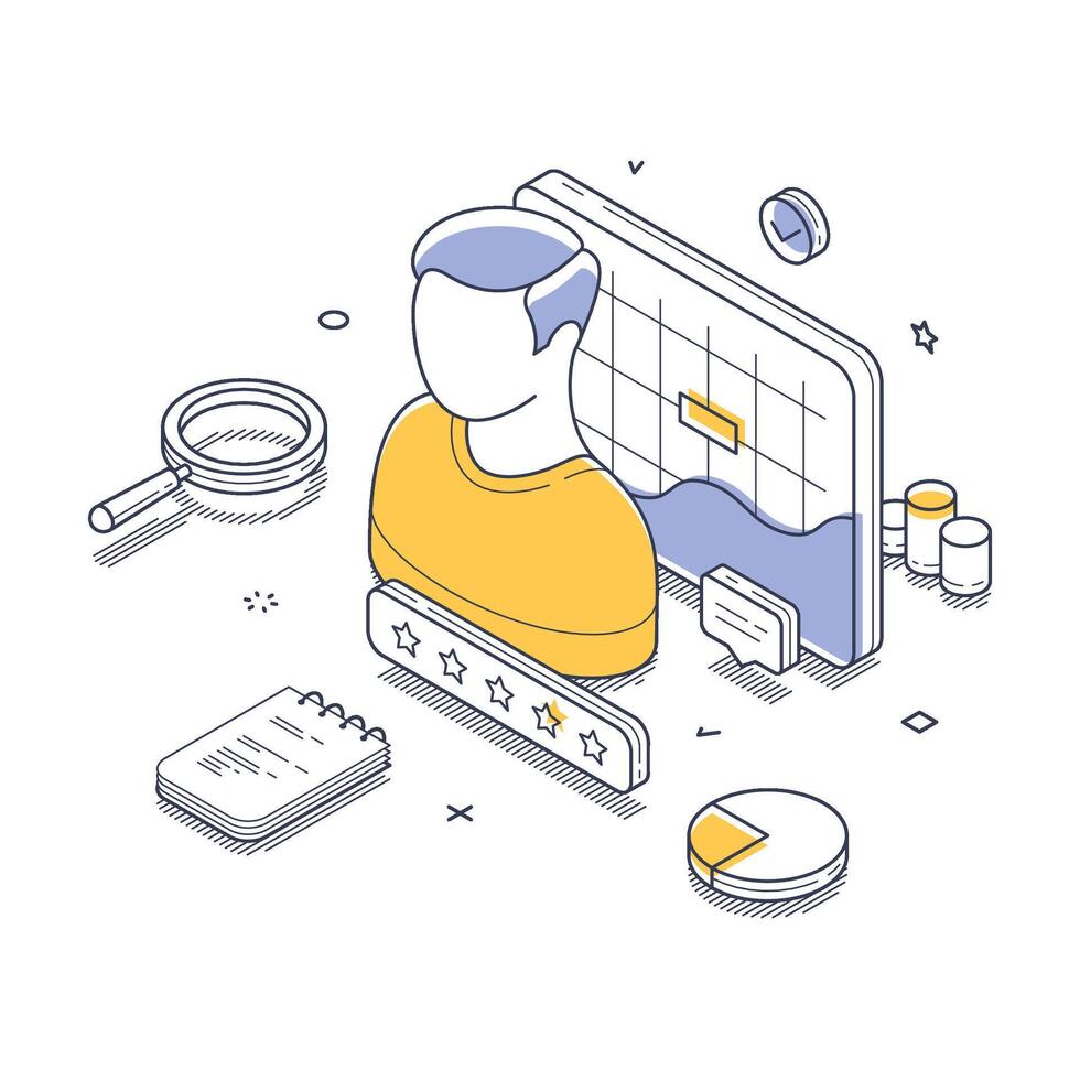 Modern isometric illustration featuring analytics, user profiles, and performance metrics vector