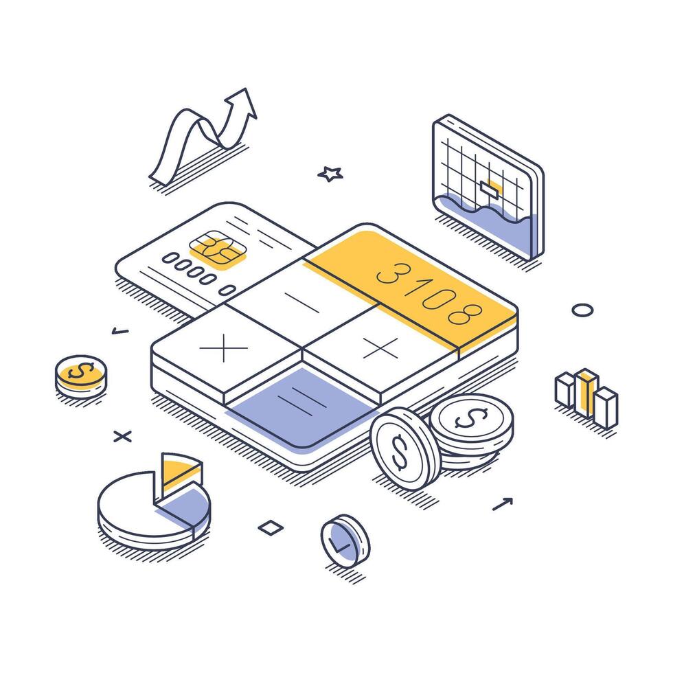 Modern isometric line illustration of financial calculations and analytics in a digital workspace vector