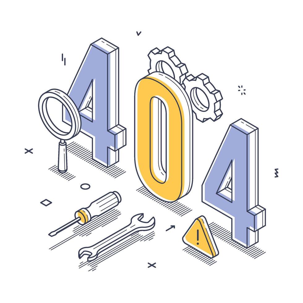 404 error notification in isometric line illustration with tools and symbols vector