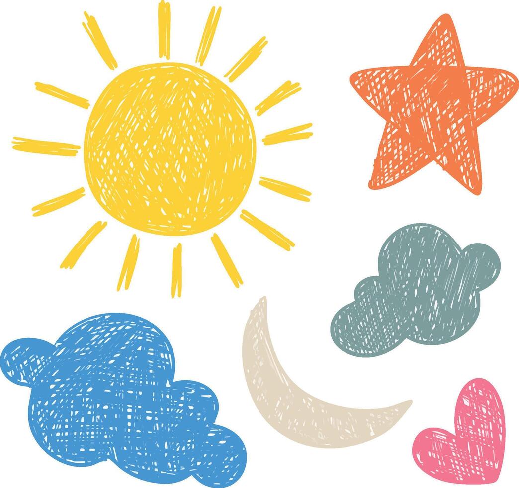 set of childish colorful doodle shapes sun, star, cloud, moon, and heart. hand drawn scribble decorative elements isolated on white. perfect for cards, fabric, baby decoration, and print. vector