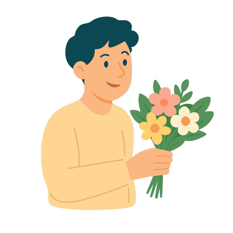 Smiling boy holding bright spring bouquet. Cute and cheerful illustration for seasonal designs. vector