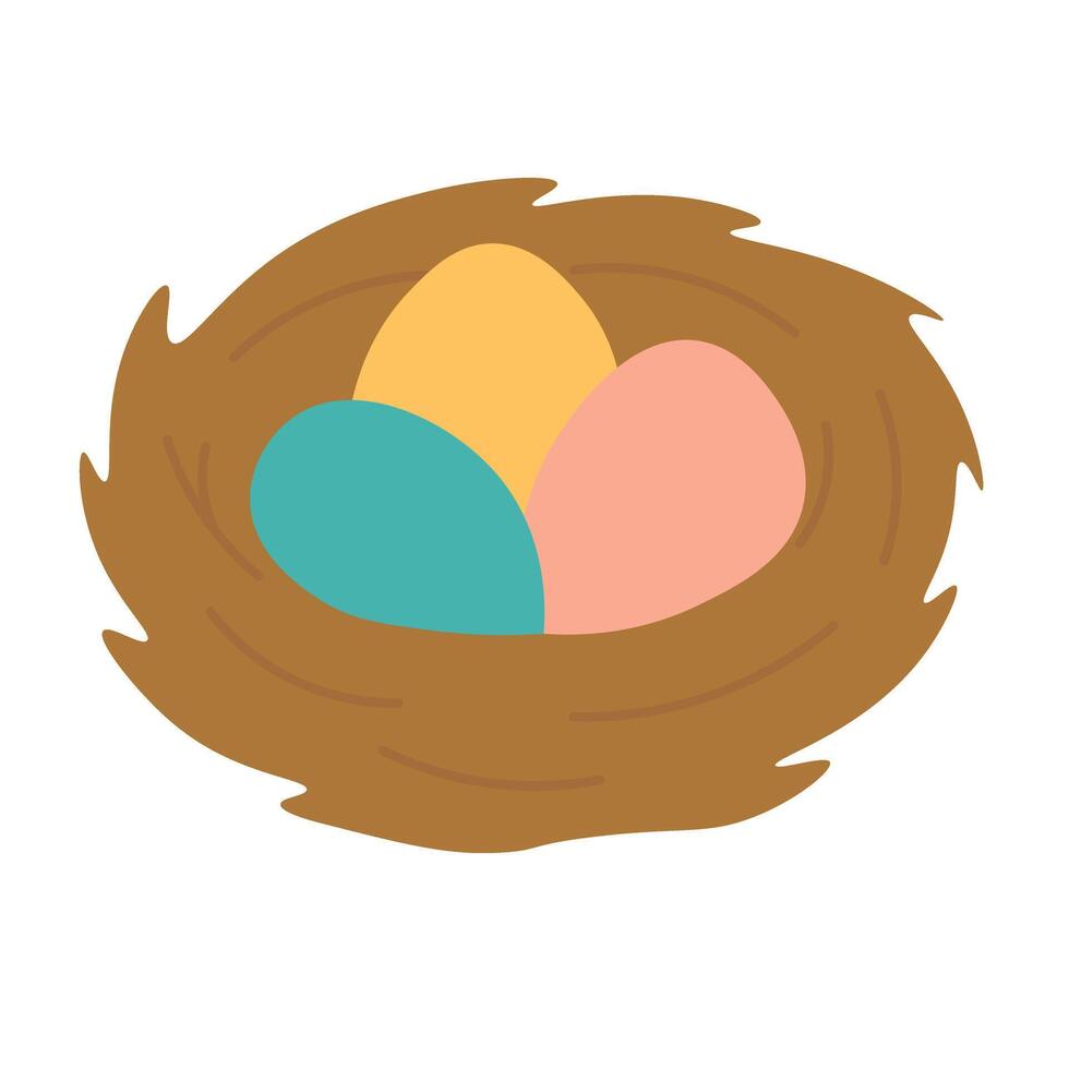 Cute bird nest with three colorful eggs. Hand-drawn spring and Easter season illustration. vector