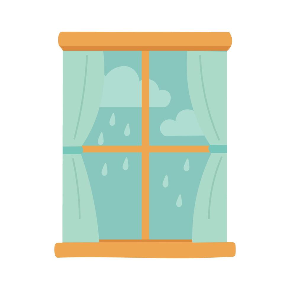 Flat style window with curtains and raindrops outside. Cozy rainy spring or summer day. vector