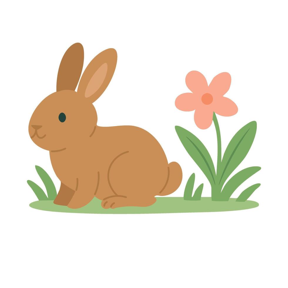 Adorable brown bunny sitting on grass with a flower. Spring or Easter flat cartoon illustration. vector