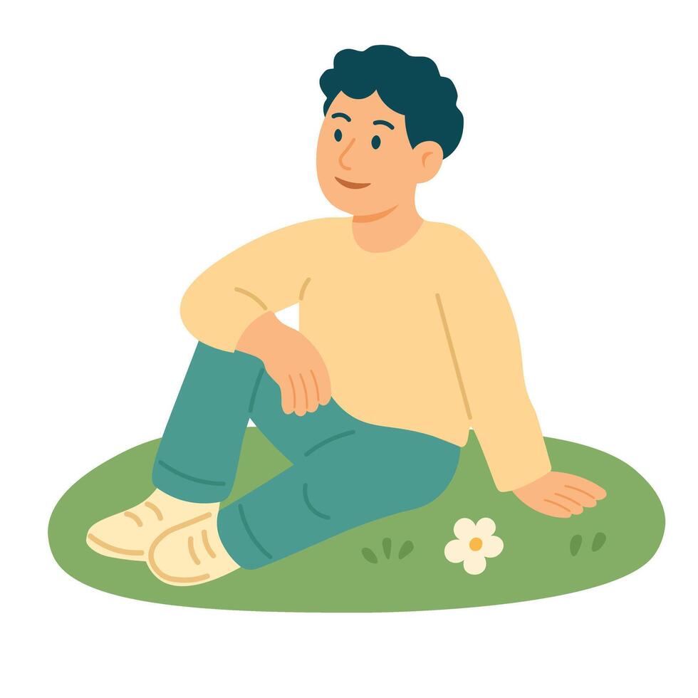 Smiling boy sitting on spring grass with flower. Peaceful and calm cartoon illustration. vector