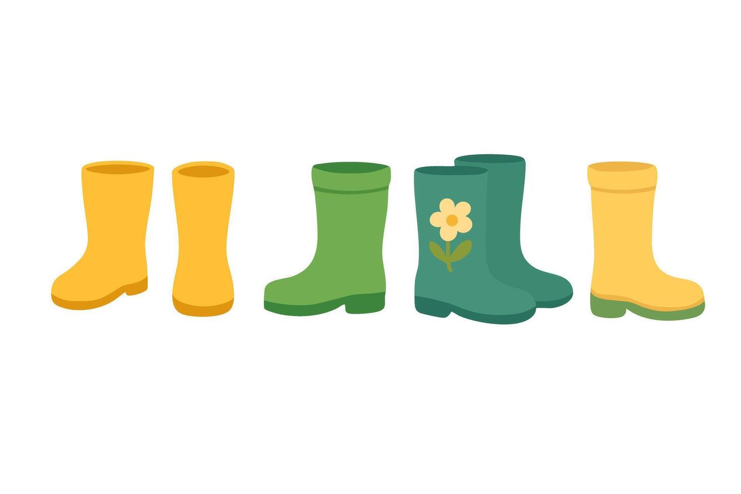 Bright cartoon rubber boots in flat style. Perfect for spring rainy weather and gardening themes. vector
