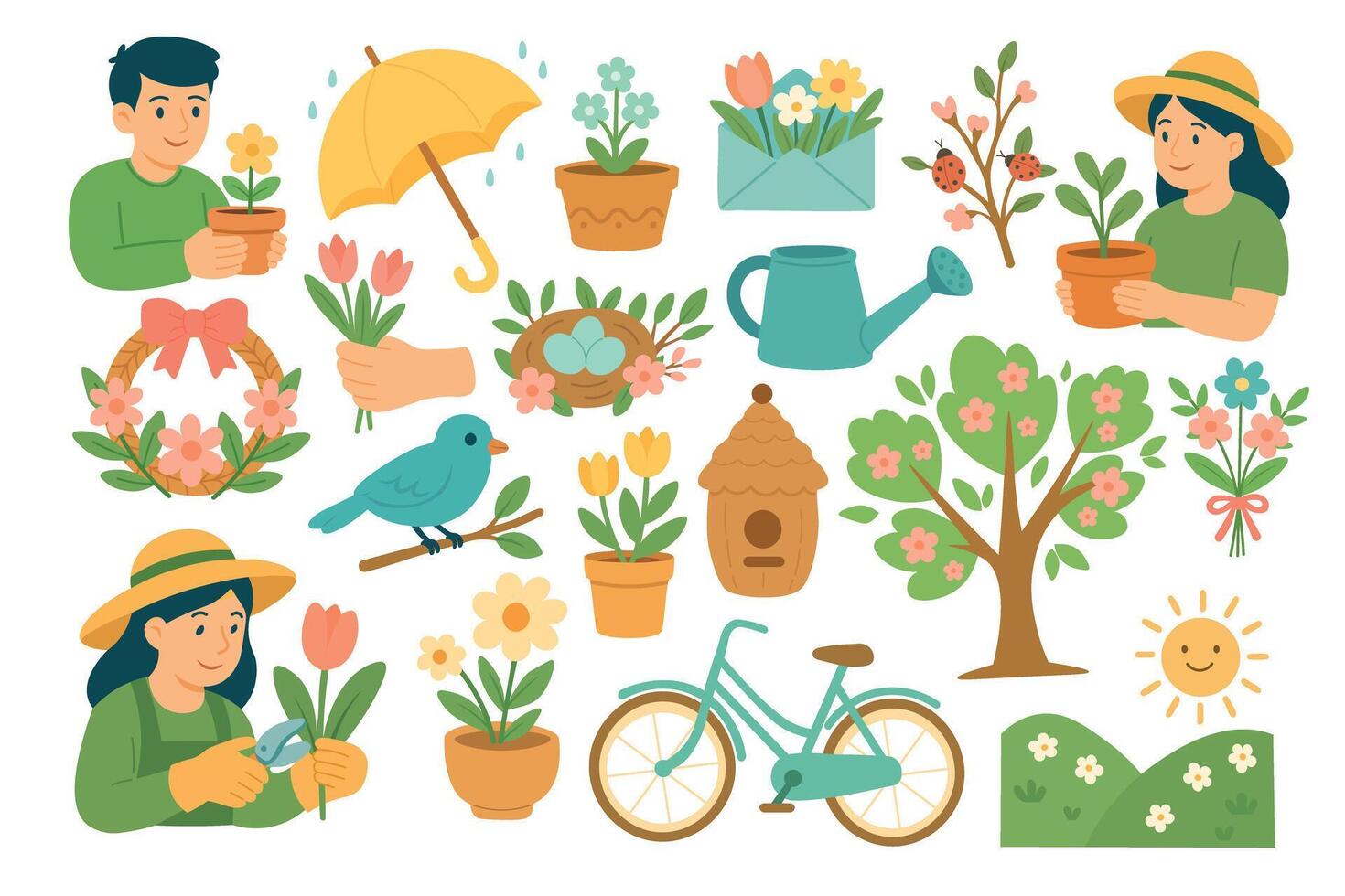 Collection of spring elements with people, flowers, gardening tools, birds, bicycle, and nature. vector