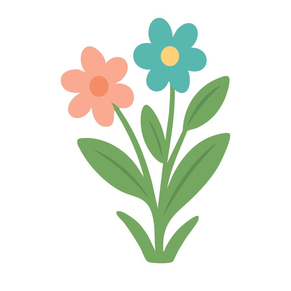 Simple cartoon flowers with green leaves. Flat spring illustration in cute pastel colors. vector