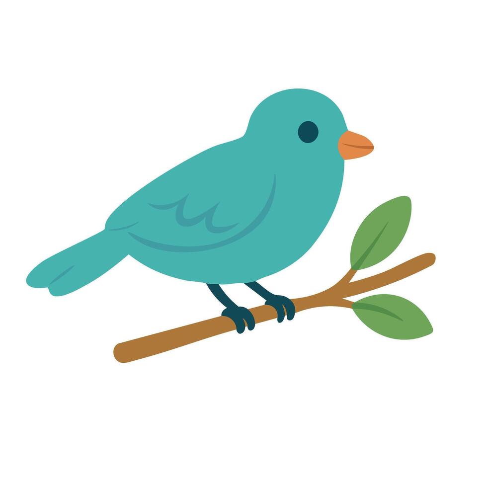 Charming blue cartoon bird on branch with green leaves. Simple flat springtime illustration. vector
